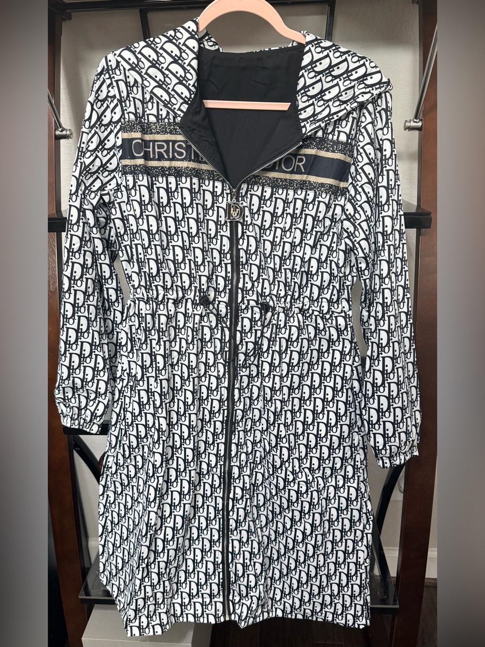 Black & White Logo-Print Hooded Trench Coat